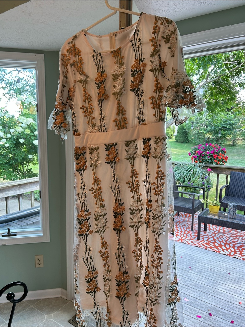 Embroidered Cream Midi Dress with Mustard Floral Detail